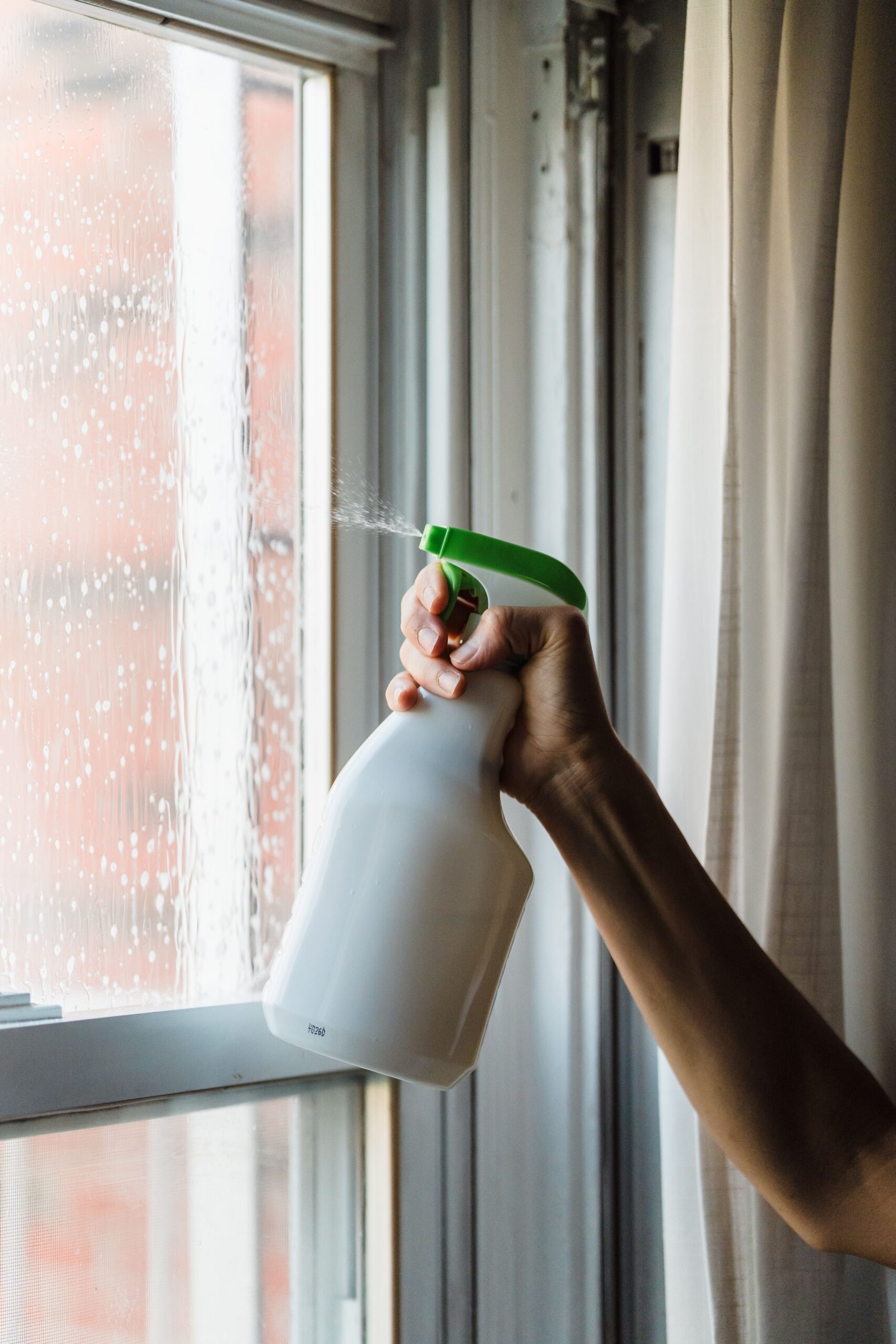 Fensterscheibe wird mit Sprühflasche gereinigt